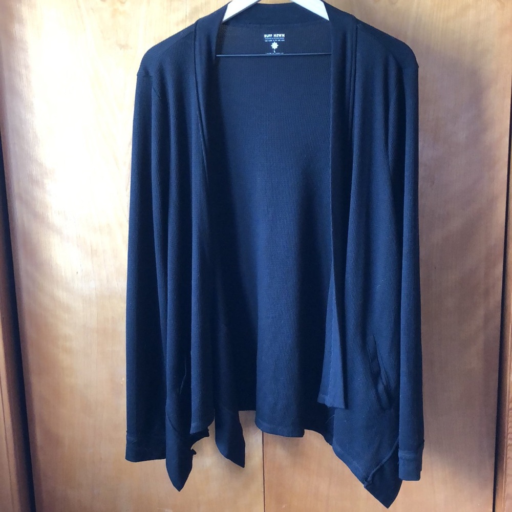 Ruff Hewn Waffle Knit Drape Front Cardigan Black L